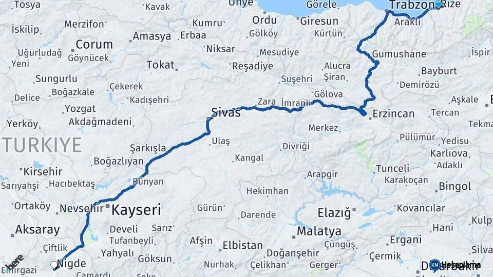 Rize Niğde Arası Kaç Km - Yol Haritası