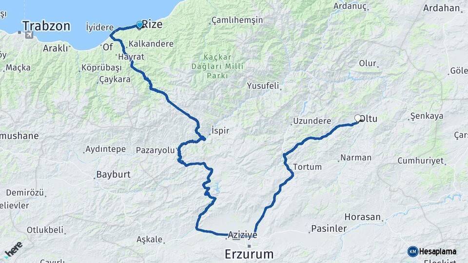 Rize Oltu Erzurum Arası Kaç Km - Yol Haritası