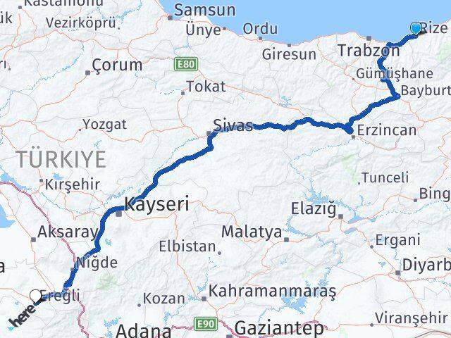Rize Otogarı Ereğli Arası Kaç Km - Yol Tarifi