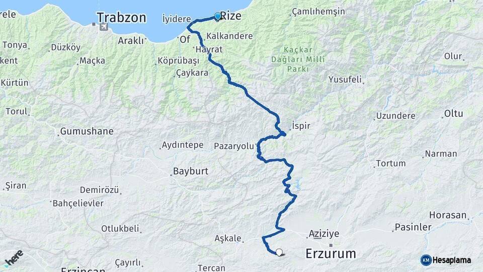 Rize Palandöken Erzurum Arası Kaç Km - Yol Haritası