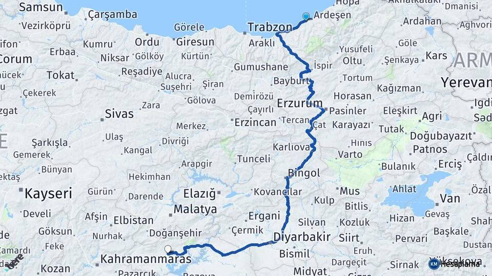 Rize Pazar Adıyaman Arası Kaç Km - Yol Haritası