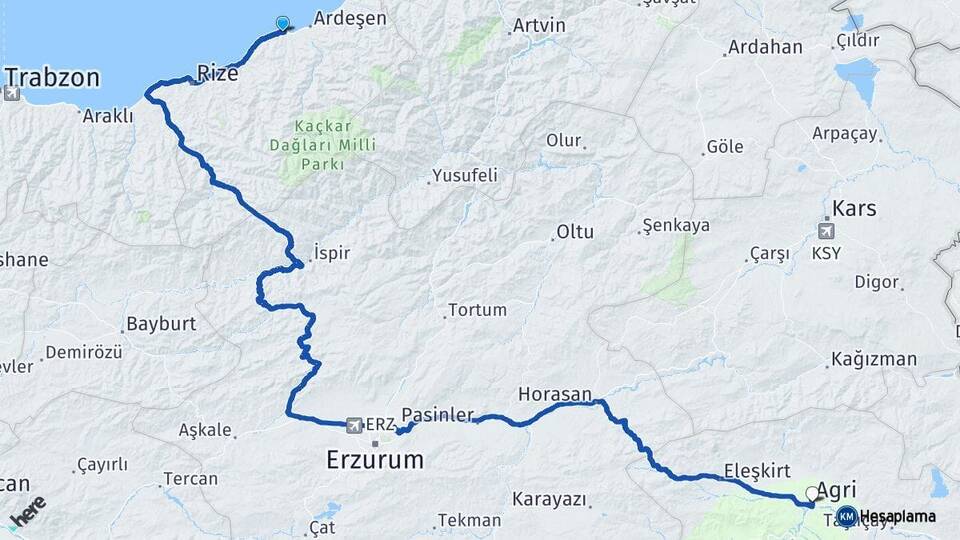 Rize Pazar Ağrı Arası Kaç Km - Yol Haritası
