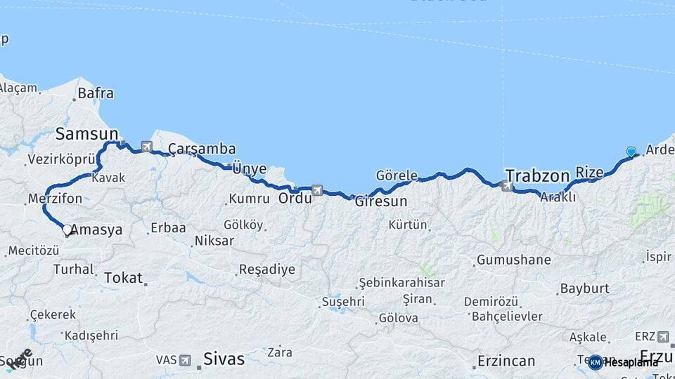Rize Pazar Amasya Arası Kaç Km - Yol Haritası