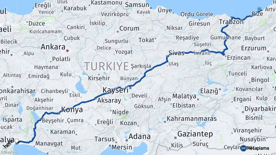 Rize Pazar Antalya Arası Kaç Km - Yol Haritası