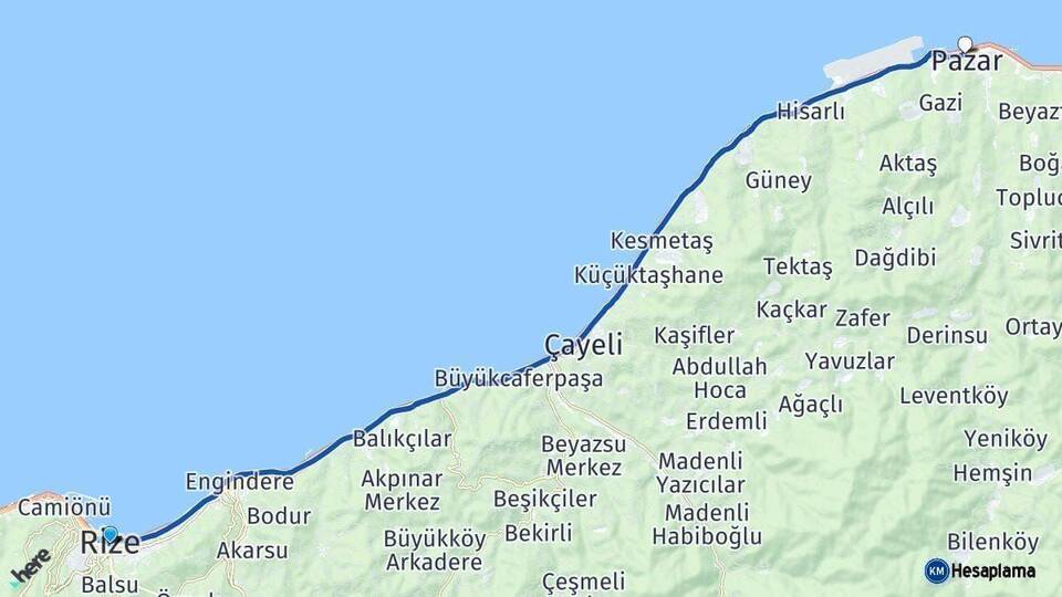 Rize Pazar Arası Kaç Km - Yol Haritası