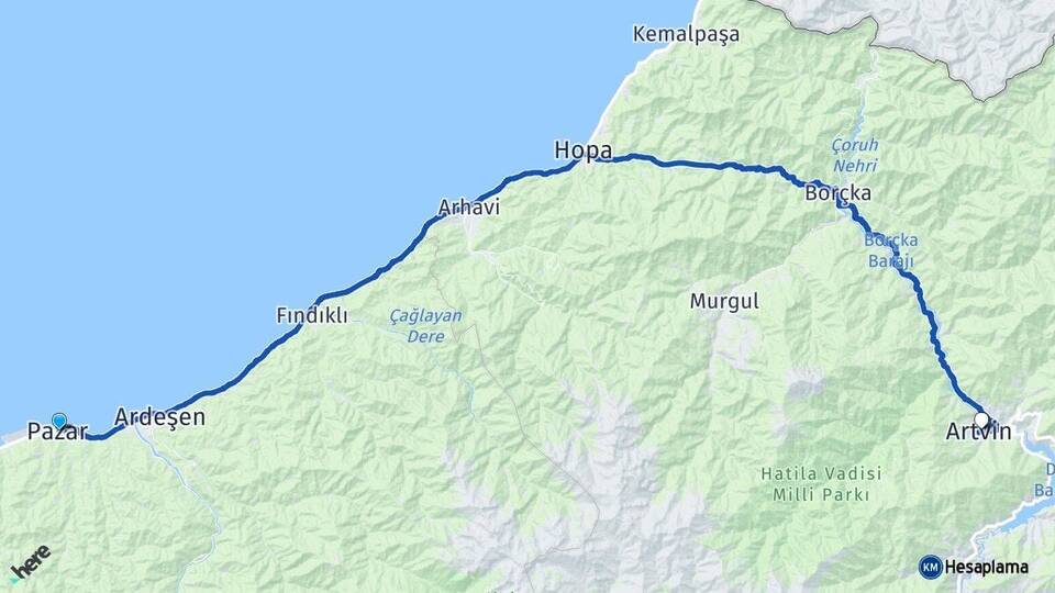 Rize Pazar Artvin Arası Kaç Km - Yol Haritası