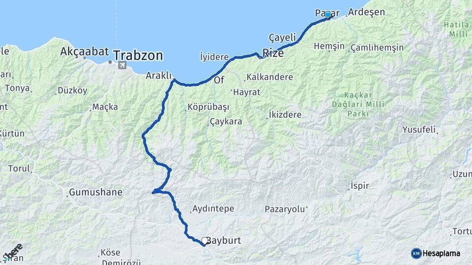 Rize Pazar Bayburt Arası Kaç Km - Yol Haritası