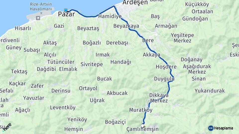 Rize Pazar Çamlıhemşin Arası Kaç Km - Yol Haritası