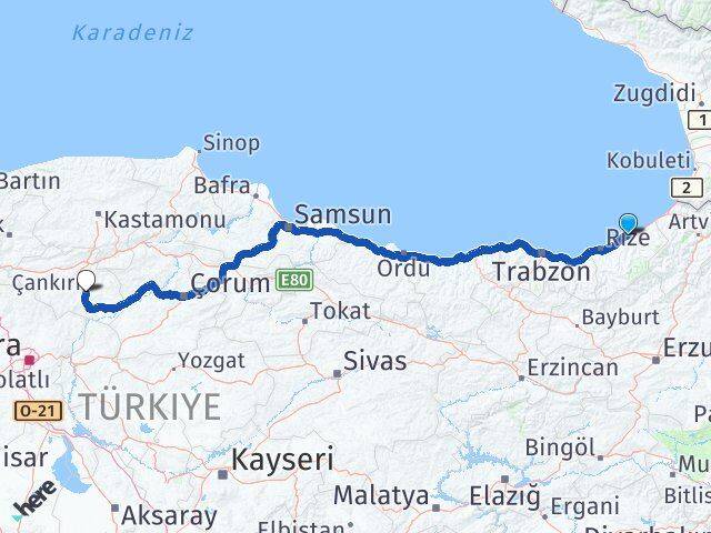 Rize Pazar Çankırı Arası Kaç Km - Yol Haritası