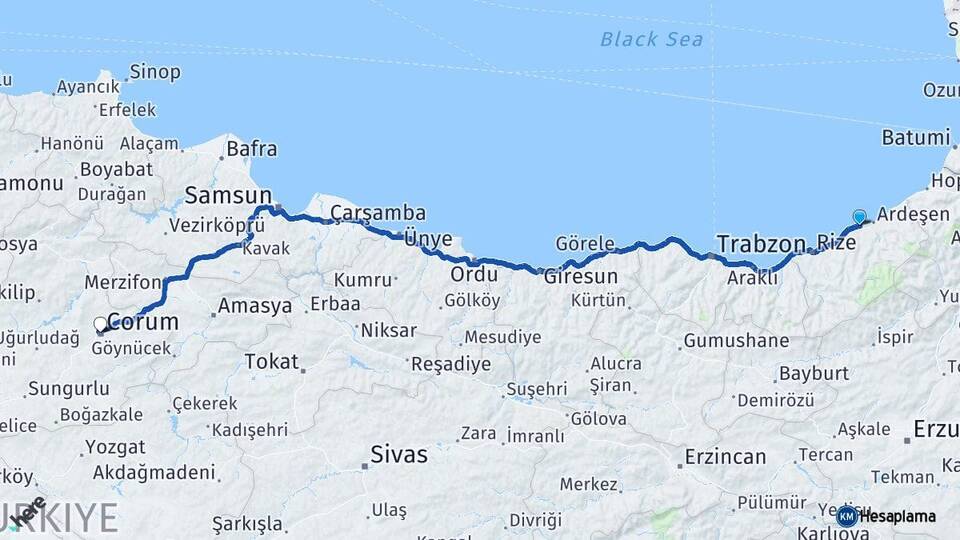Rize Pazar Çorum Arası Kaç Km - Yol Haritası
