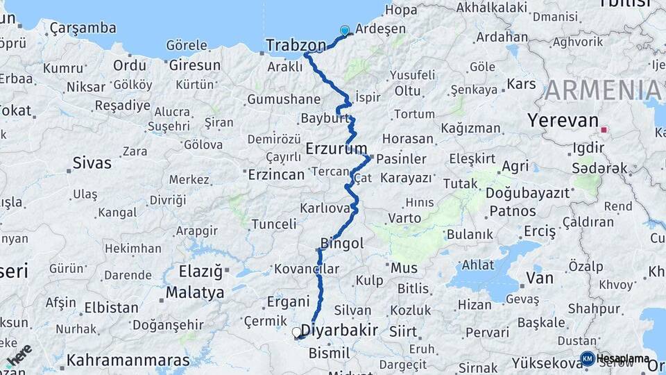 Rize Pazar Diyarbakır Arası Kaç Km - Yol Haritası