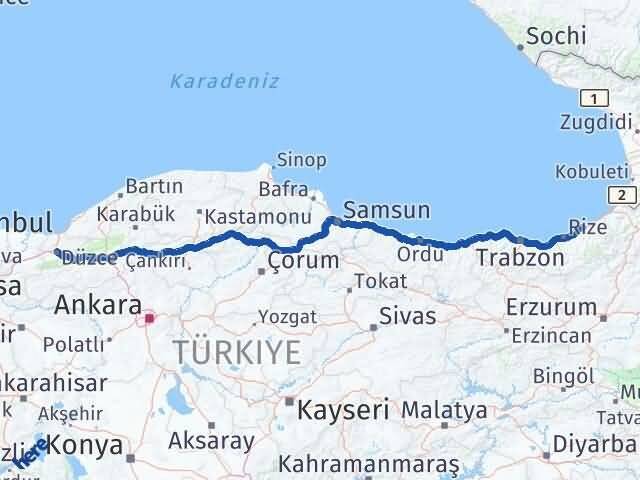 Rize Pazar Düzce Arası Kaç Km - Yol Haritası