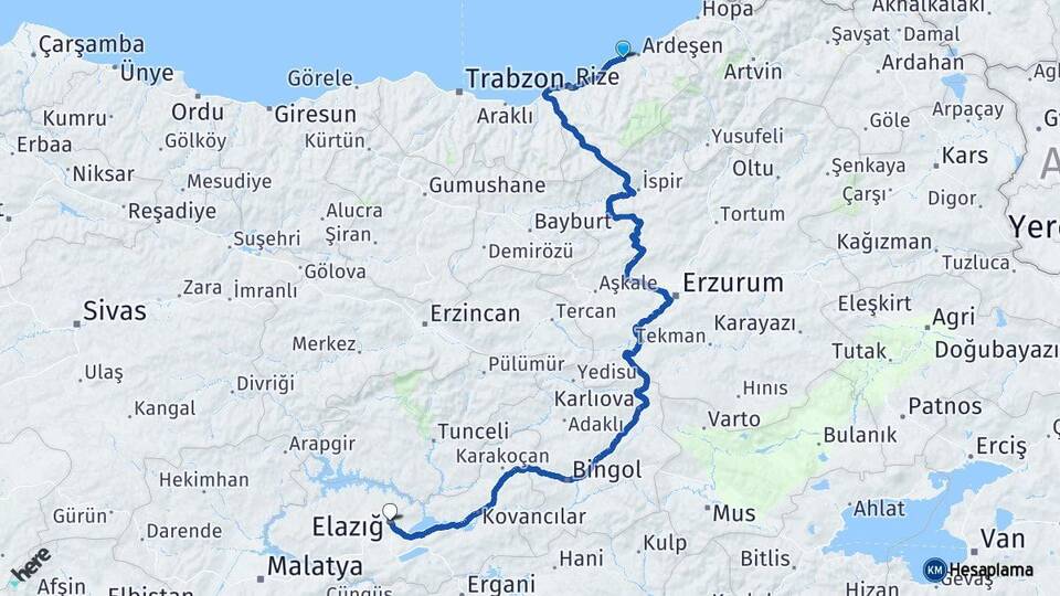 Rize Pazar Elazığ Arası Kaç Km - Yol Haritası