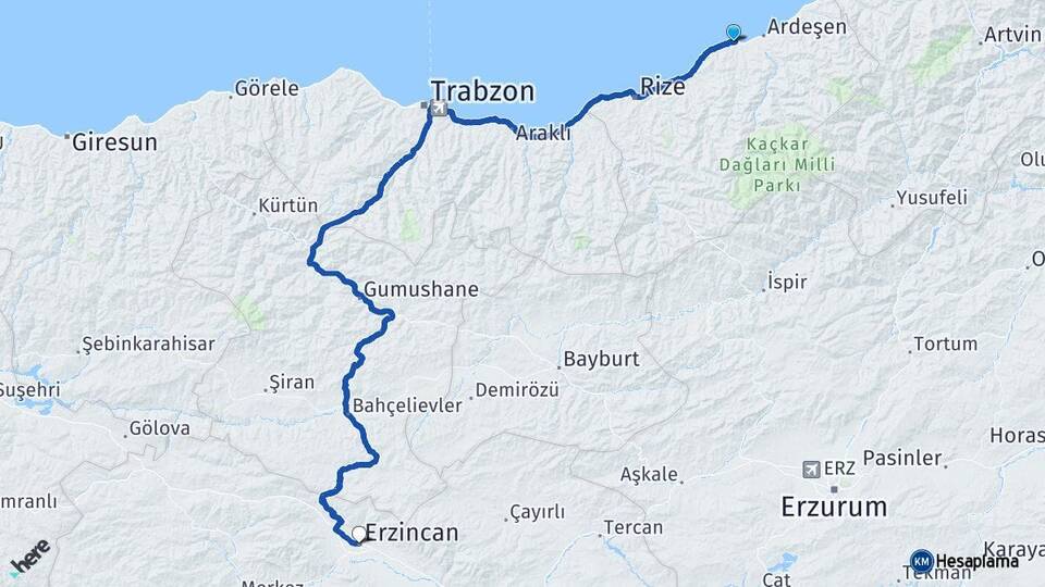 Rize Pazar Erzincan Arası Kaç Km - Yol Haritası