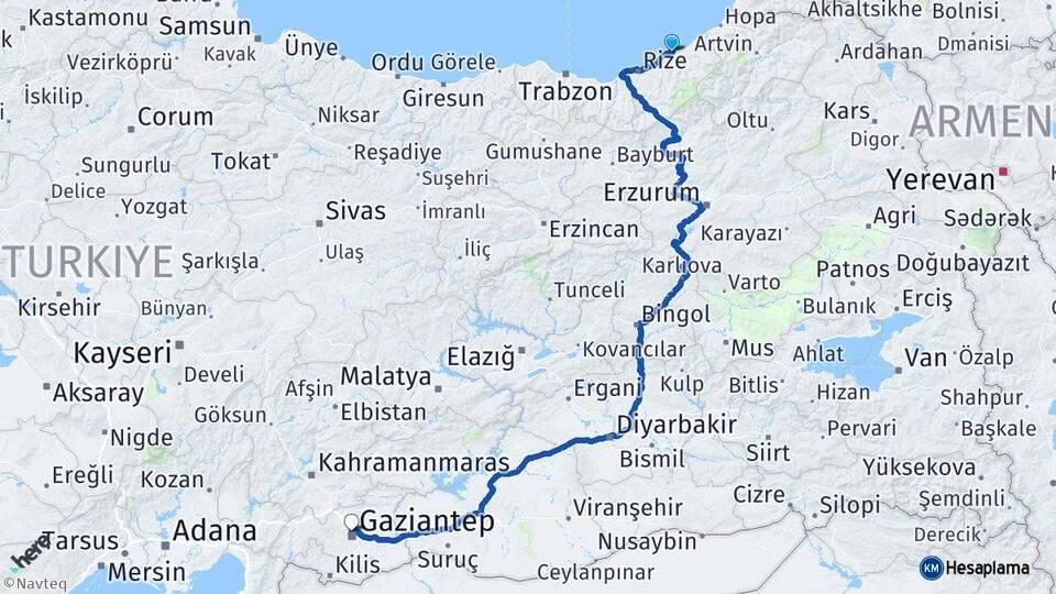 Rize Pazar Gaziantep Arası Kaç Km - Yol Haritası