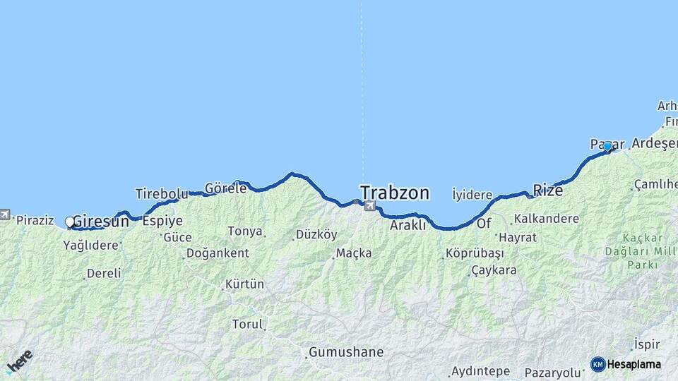 Rize Pazar Giresun Arası Kaç Km - Yol Haritası