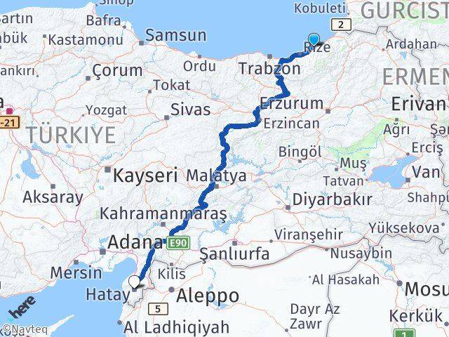 Rize Pazar Hatay Arası Kaç Km - Yol Haritası