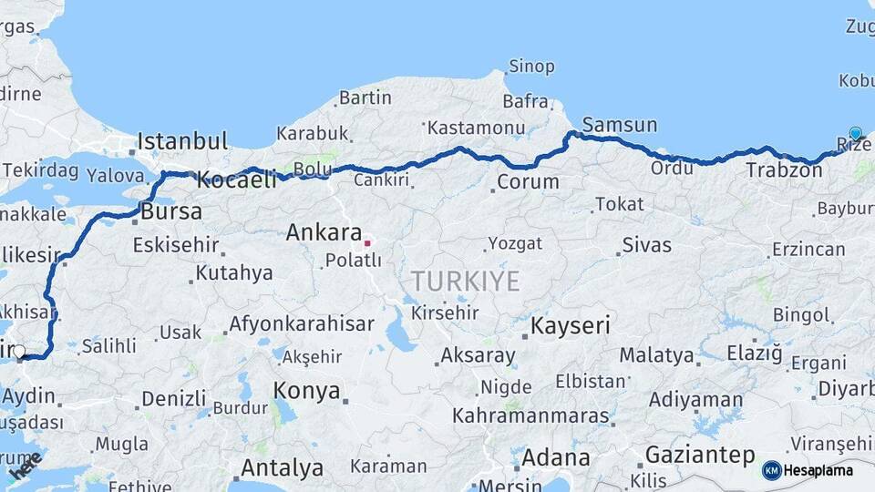 Rize Pazar İzmir Arası Kaç Km - Yol Haritası