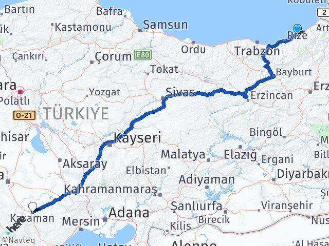 Rize Pazar Karaman Arası Kaç Km - Yol Haritası