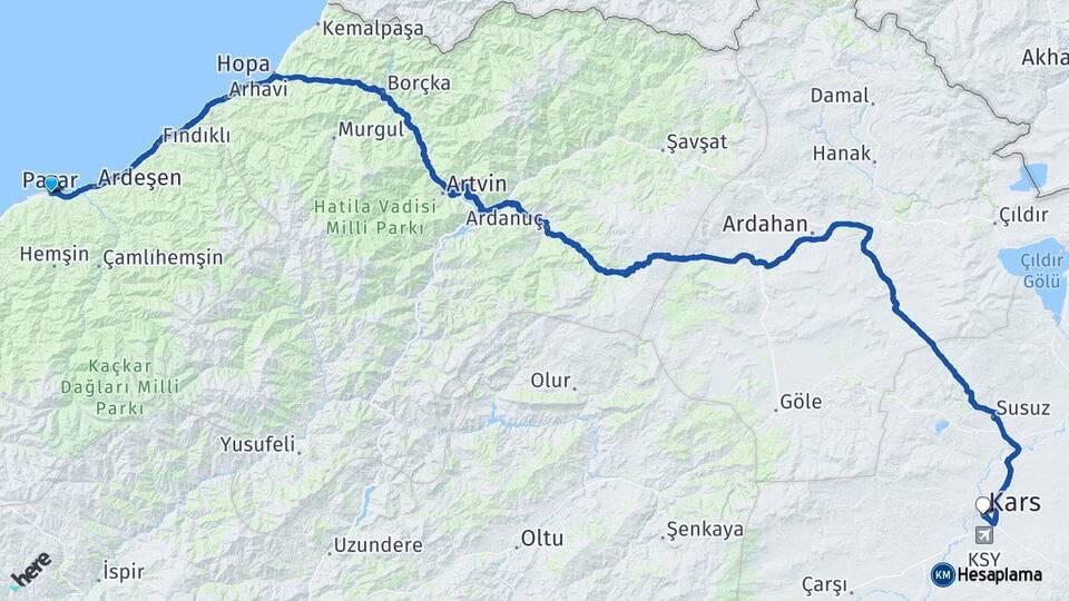 Rize Pazar Kars Arası Kaç Km - Yol Haritası