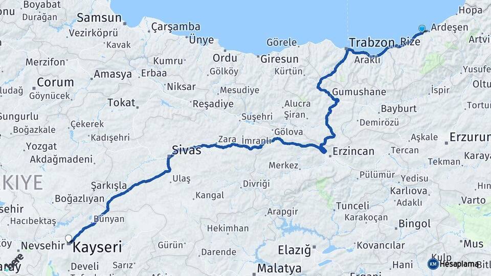 Rize Pazar Kayseri Arası Kaç Km - Yol Haritası