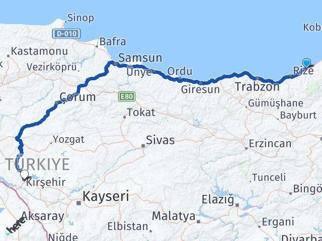 Rize Pazar Kırşehir Arası Kaç Km - Yol Haritası