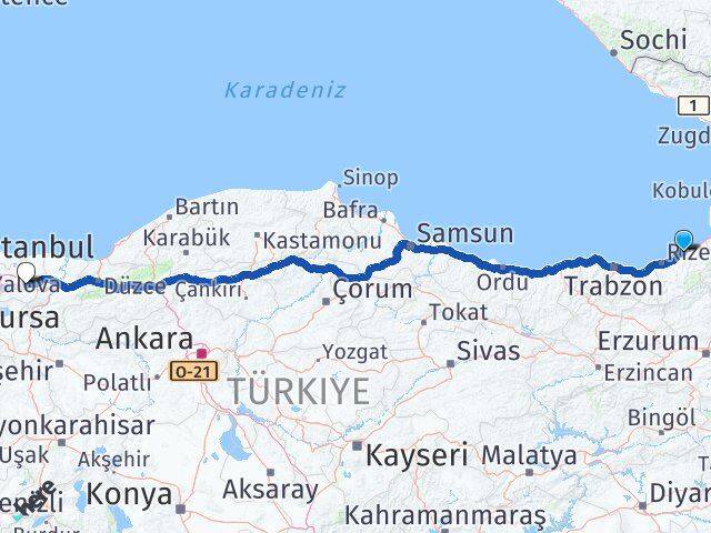 Rize Pazar Kocaeli Arası Kaç Km - Yol Haritası