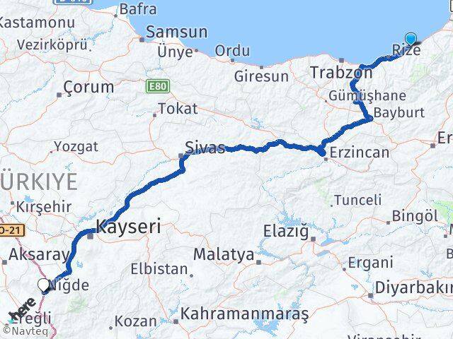 Rize Pazar Niğde Arası Kaç Km - Yol Haritası