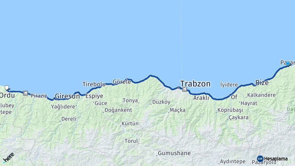 Rize Pazar Ordu Arası Kaç Km - Yol Haritası