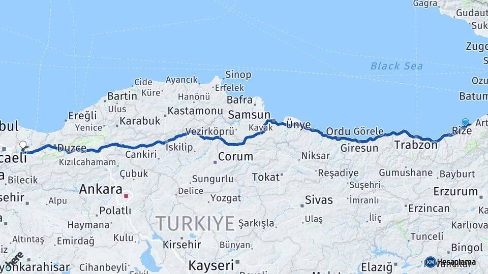 Rize Pazar Sakarya Arası Kaç Km - Yol Haritası