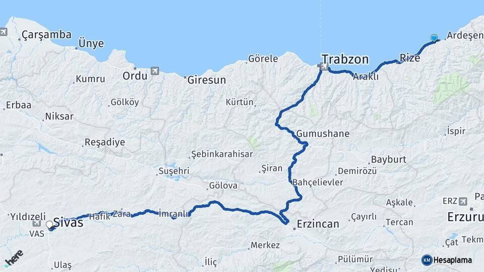 Rize Pazar Sivas Arası Kaç Km - Yol Haritası