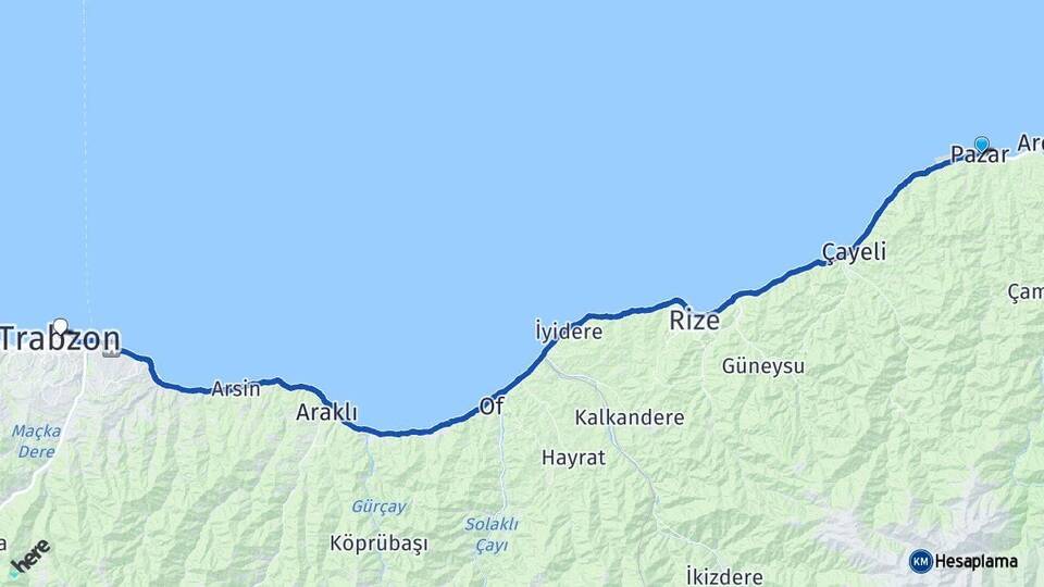 Rize Pazar Trabzon Arası Kaç Km - Yol Haritası