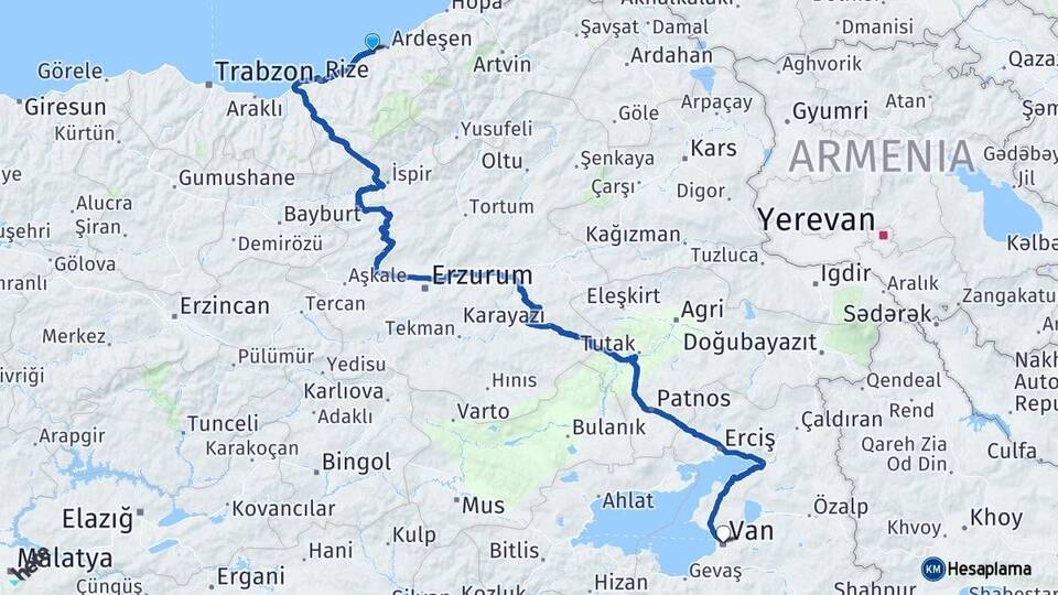 Rize Pazar Van Arası Kaç Km - Yol Haritası