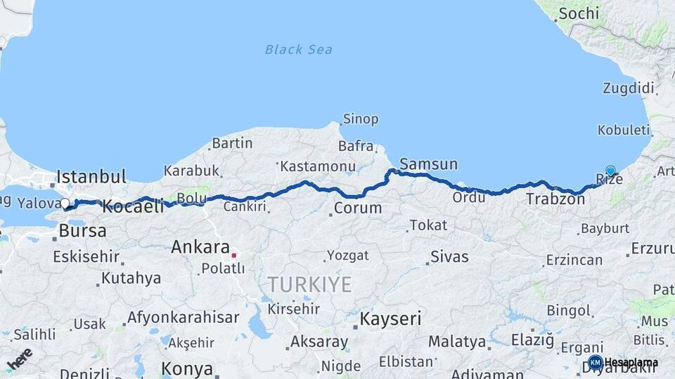 Rize Pazar Yalova Arası Kaç Km - Yol Haritası