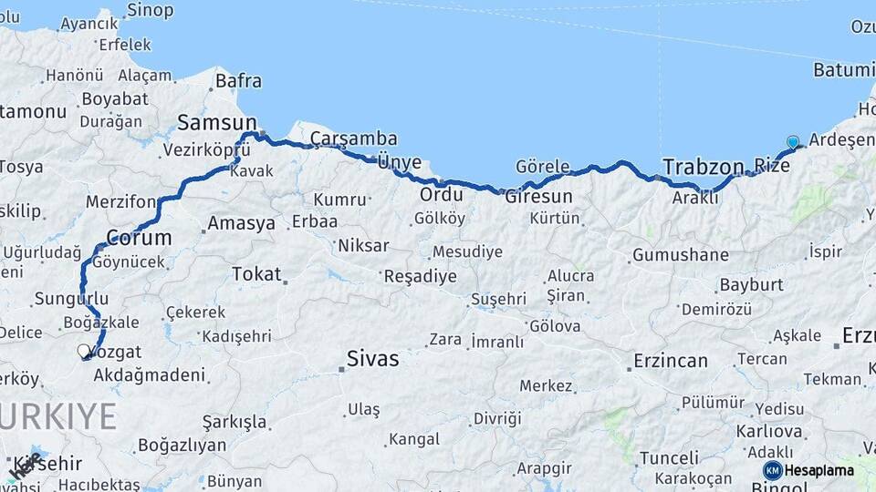 Rize Pazar Yozgat Arası Kaç Km - Yol Haritası