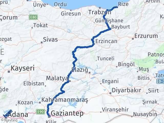 Rize Şahinbey Gaziantep Arası Kaç Km - Yol Haritası