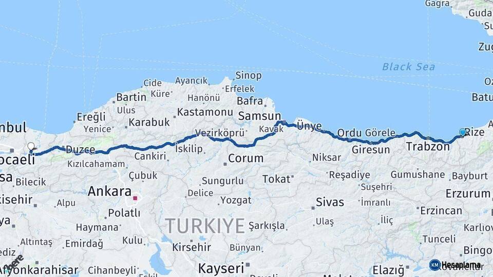 Rize Sakarya Arası Kaç Km - Yol Haritası