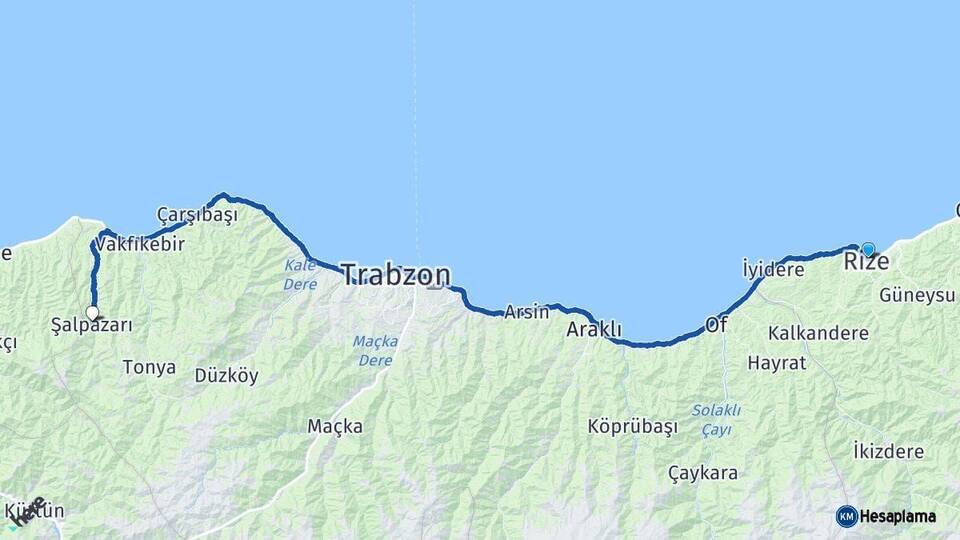 Rize Şalpazarı Trabzon Arası Kaç Km - Yol Haritası