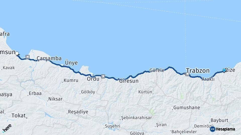 Rize Samsun Arası Kaç Km - Yol Haritası