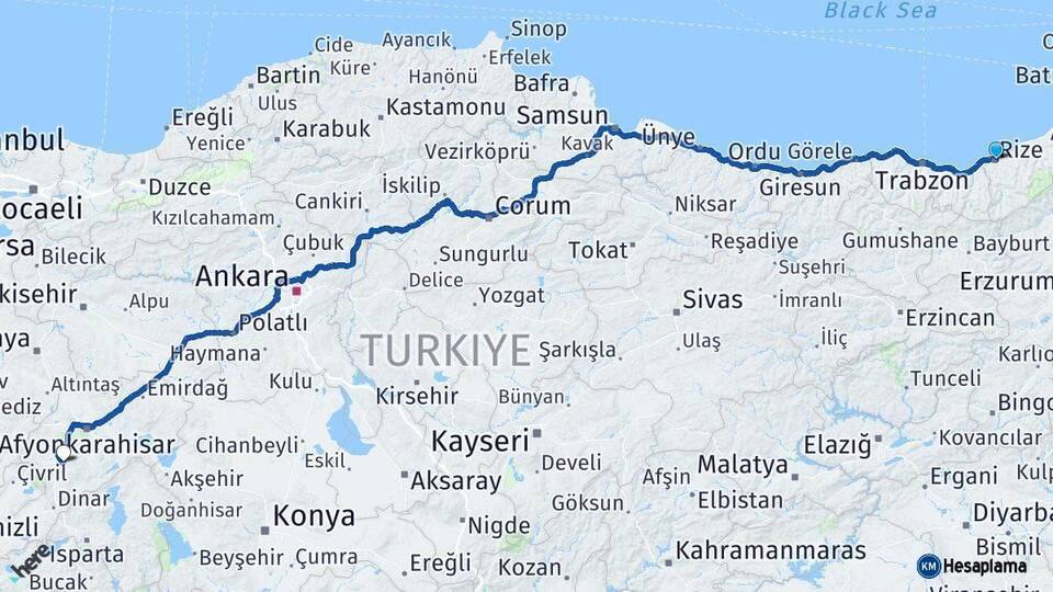 Rize Sandıklı Afyonkarahisar Arası Kaç Km - Yol Haritası