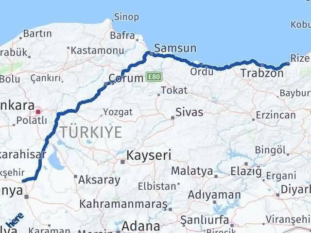 Rize Sarayönü Konya Arası Kaç Km - Yol Haritası