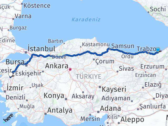 Rize Savaştepe Balıkesir Arası Kaç Km - Yol Haritası