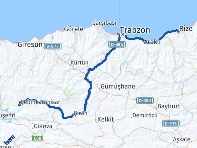 Rize Şebinkarahisar Giresun Arası Kaç Km - Yol Haritası