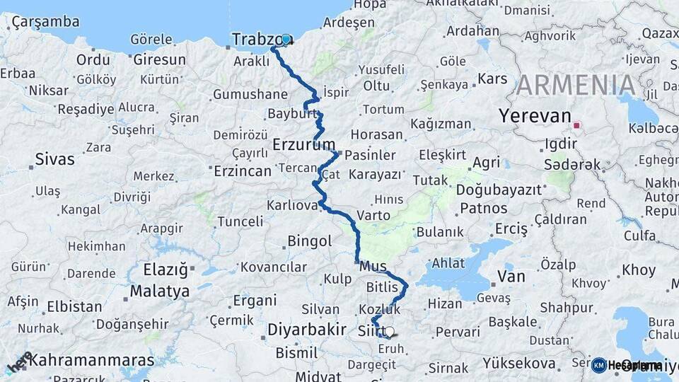 Rize Siirt Arası Kaç Km - Yol Haritası