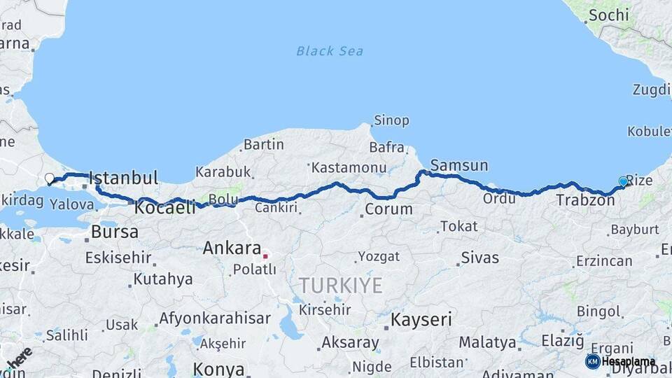 Rize Silivri İstanbul Arası Kaç Km - Yol Haritası