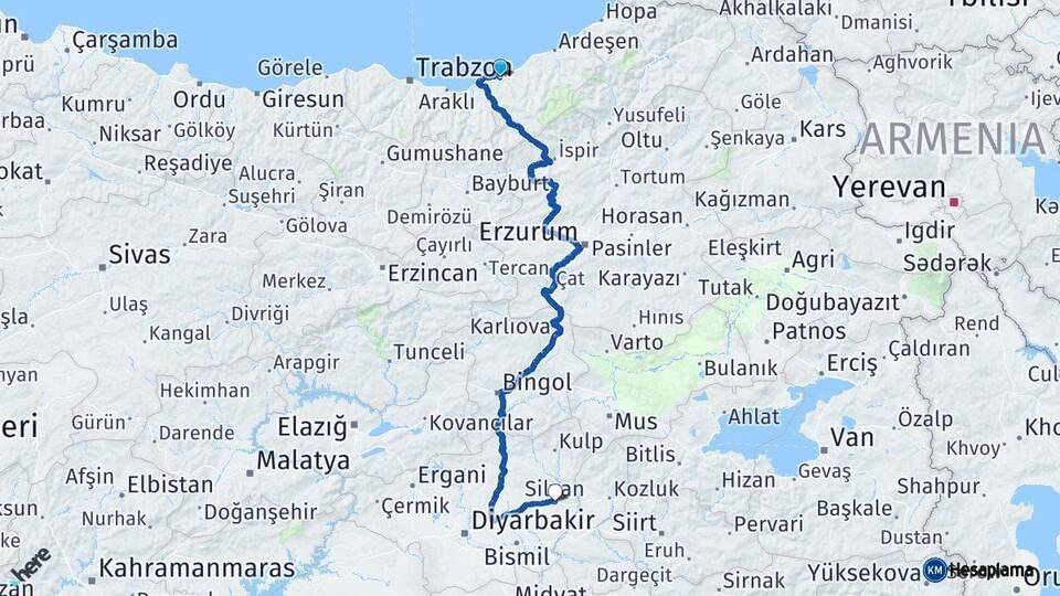 Rize Silvan Diyarbakır Arası Kaç Km - Yol Haritası