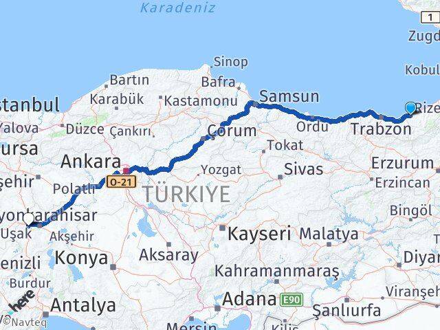 Rize Sinanpaşa Afyonkarahisar Arası Kaç Km - Yol Haritası