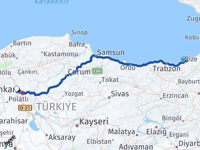 Rize Sincan Ankara Arası Kaç Km - Yol Haritası