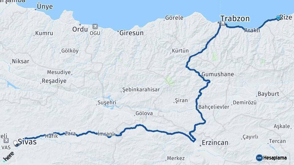 Rize Sivas Arası Kaç Km - Yol Haritası