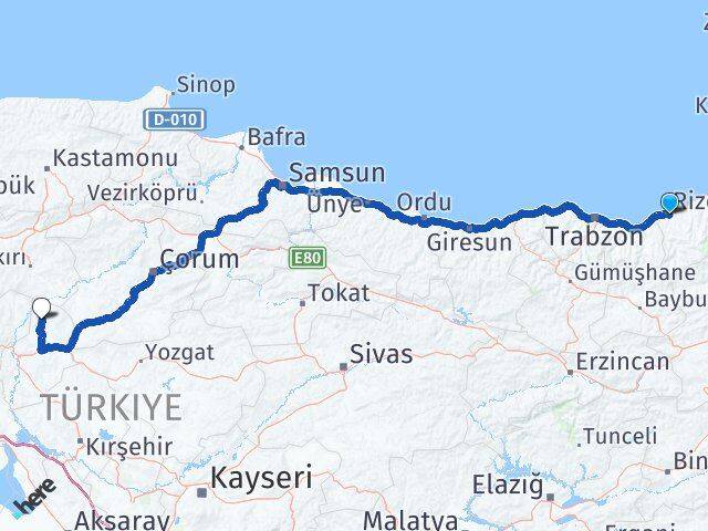 Rize Sulakyurt Kırıkkale Arası Kaç Km - Yol Haritası